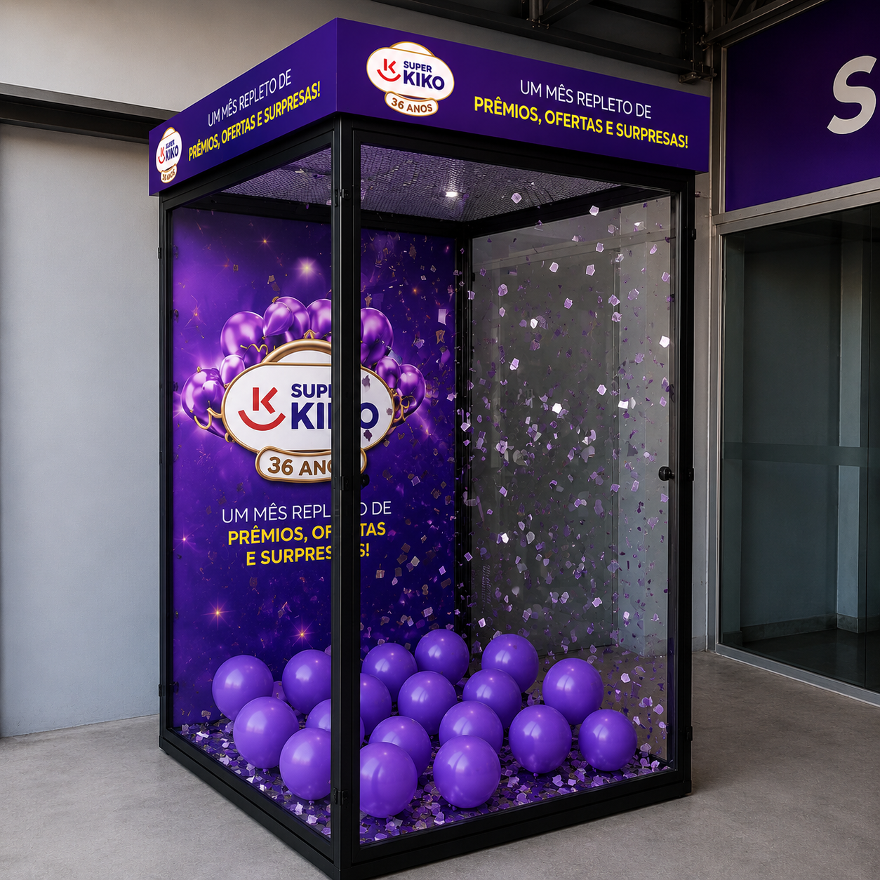 Cabine de prêmios com cupons voando em ativação de marca