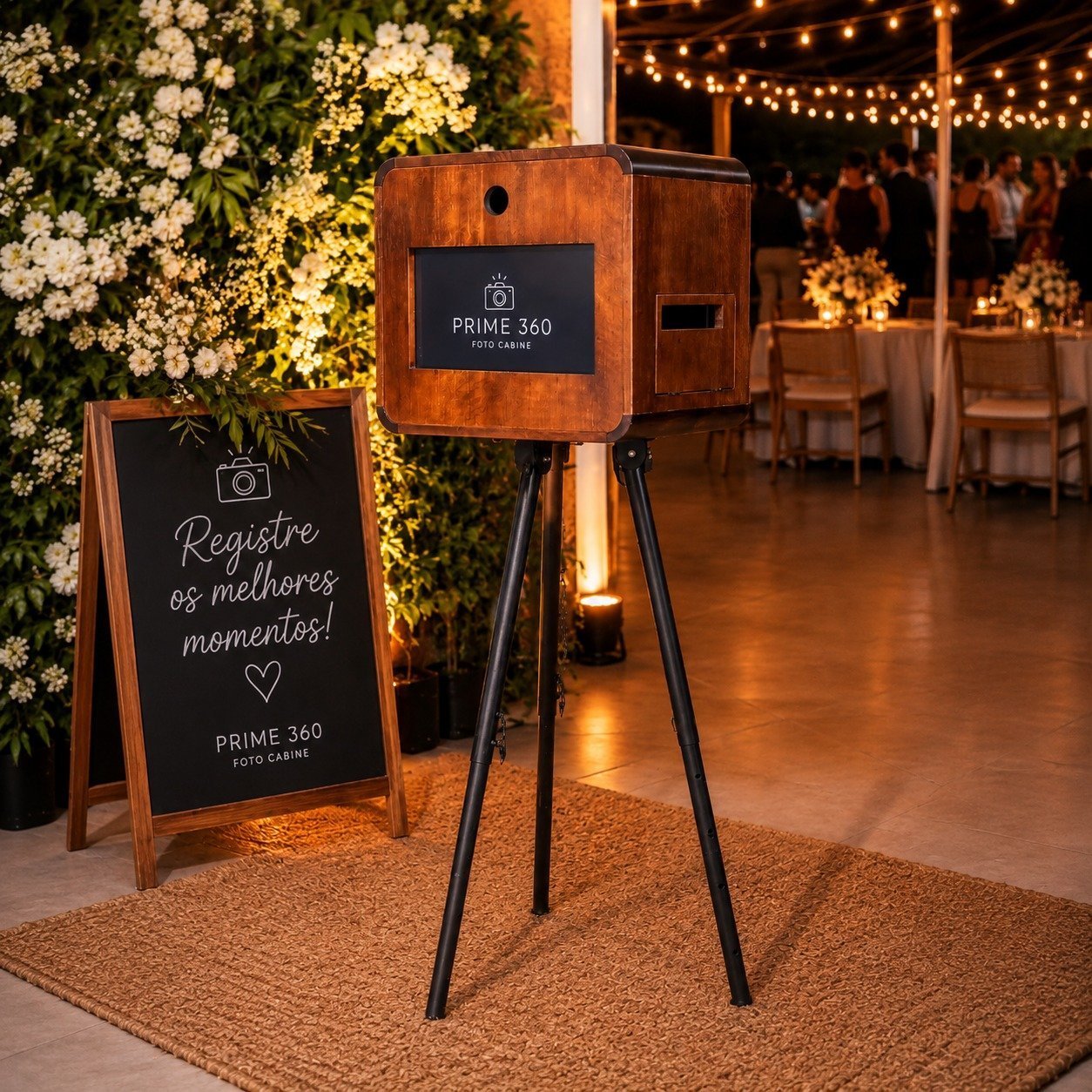 Totem retrô da Prime360 ao lado de lousa decorativa em casamento em Santa Catarina