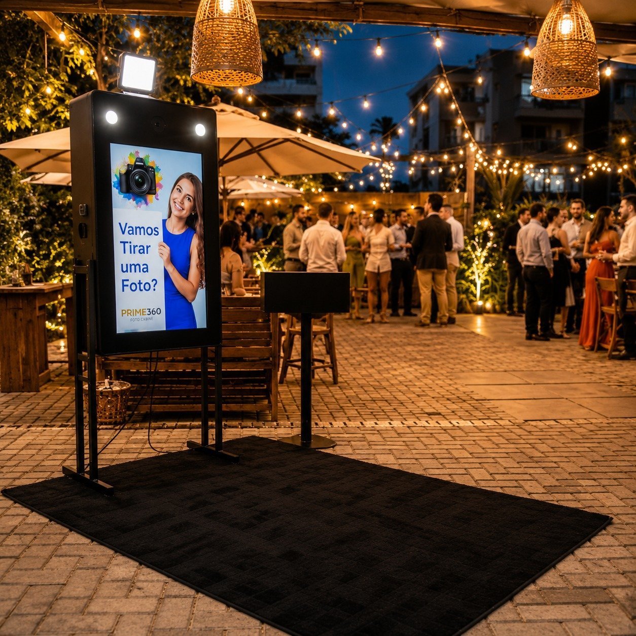 Totem de fotos clássico da Prime360 montado em confraternização ao ar livre em Santa Catarina